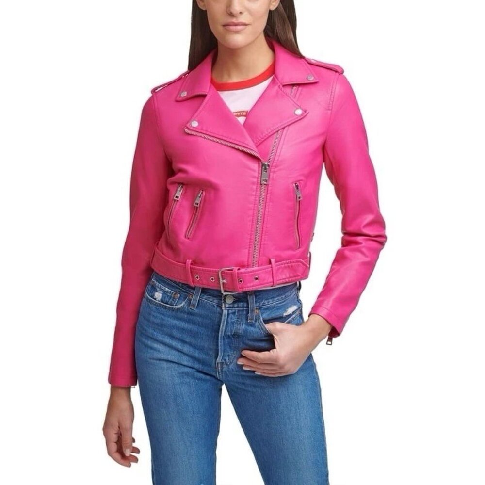 Levi Strauss Jacket Faux Leather Womens Small Hot Pink Vegan Biker Punk Moto
